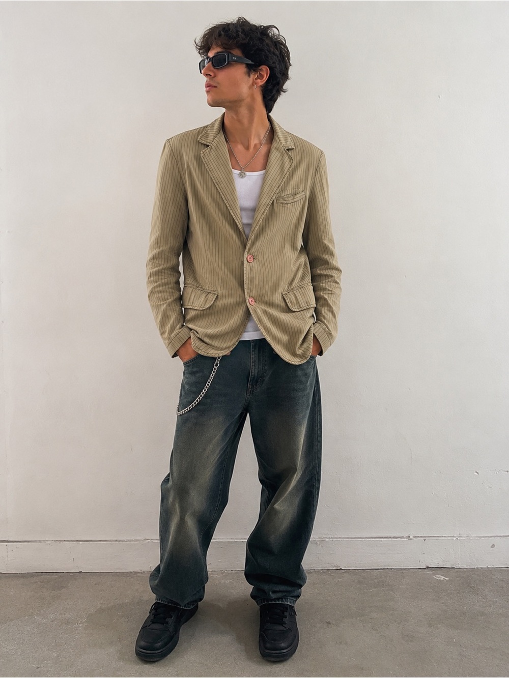 Bomb Boogie Men’s Large Pinstripe Cotton Workwear Blazer Jacket Beige Y2K